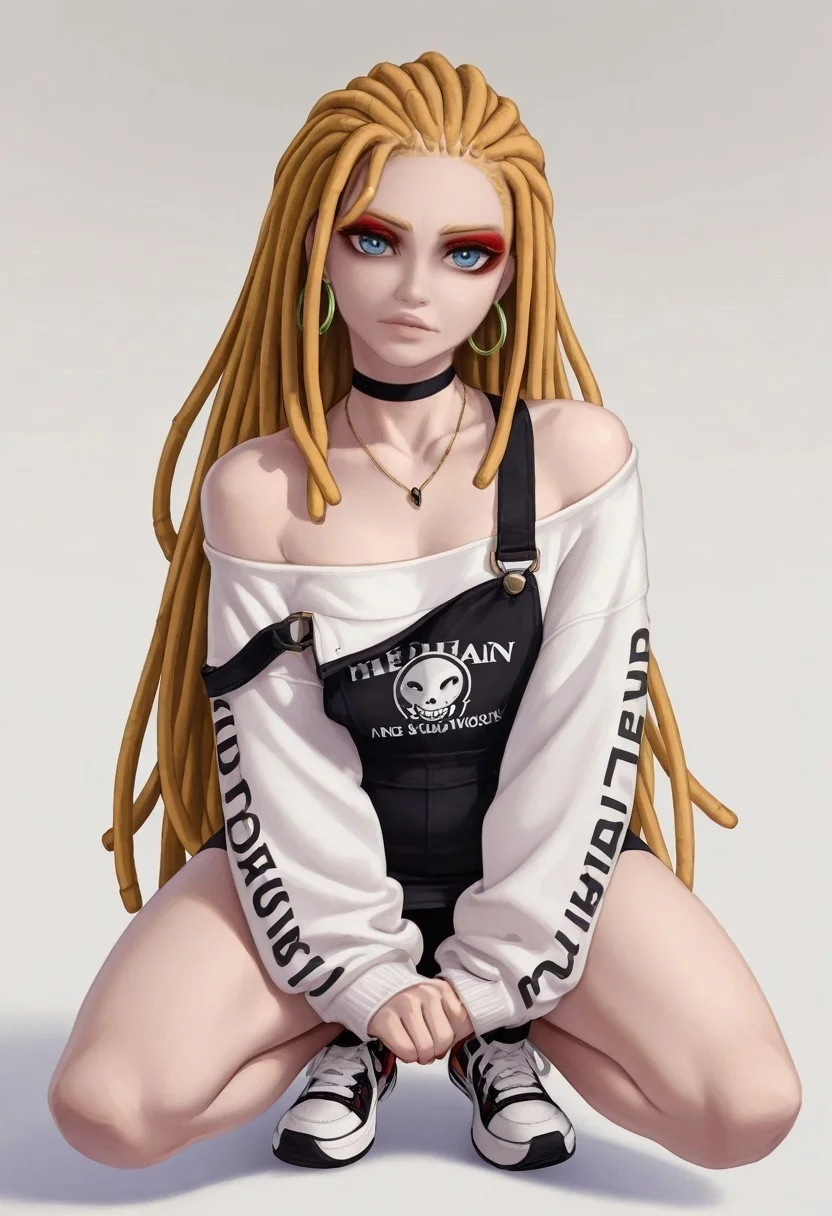 albinodoll, blonde hair,colored eyelashes,1girl, solo, dreadlocks, blue eyes, she has fair skin, long dark hair, and is wearing a bold makeup look with dark red eyeshadow and heavy eyeliner. Her outfit includes an oversized, off-the-shoulder white sweatshirt with a black and white geometric graphic print on the front. The sweatshirt is paired with a very short black mini skirt that reveals her toned legs. She is accessorized with a black choker necklace and large, green hoop earrings. Her footwear consists of white high-top sneakers with red accents and white laces. The sneakers have a sporty, streetwear style. The illustration style is highly polished and realistic, with attention to detail in textures and shading, giving a lifelike appearance to the subject. The overall aesthetic of the illustration combines elements of streetwear fashion with a modern, edgy look. The woman's pose is confident and relaxed, with her arms at her sides, emphasizing her slender physique. (power pose), ((looking cheeky)), (very long hair)