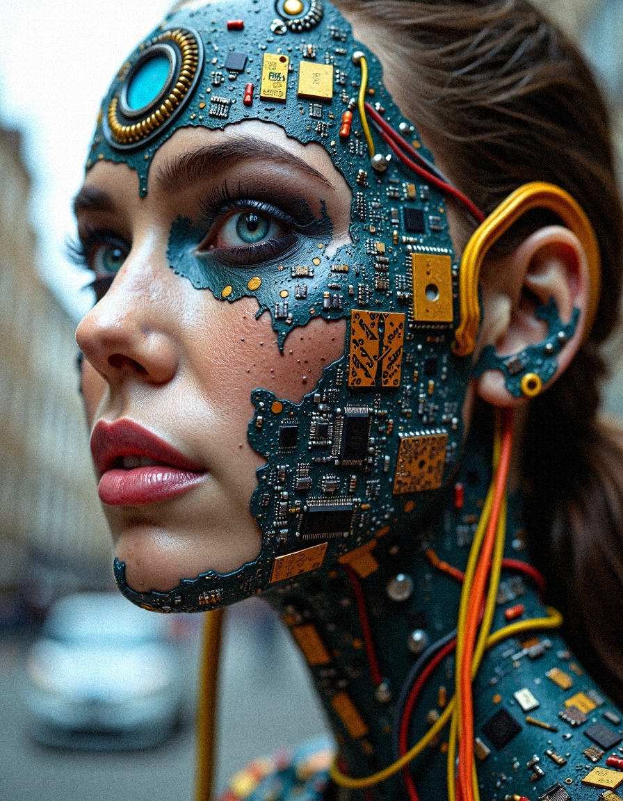 aidmaHyperrealism,
"A surreal, hyper-realistic portrait of a patchwork cyborg woman with freckled skin, her face adorned with vibrant electronic components, multicolored circuit boards, and glowing cables. Her piercing, glowing blue eyes seem to hold an eerie humanity amidst her mechanical enhancements. The intricate details of her cybernetic makeup include layers of microchips, tiny resistors, and crisscrossing wires in vibrant orange, yellow, and blue. The background is softly blurred, suggesting an urban tech-dystopia, amplifying the otherworldly contrast between her organic and mechanical features."
 <lora:FluxDFaeTasticDetails:0.2> <lora:aidmaHyperrealism-FLUX-v0.3:0.8>