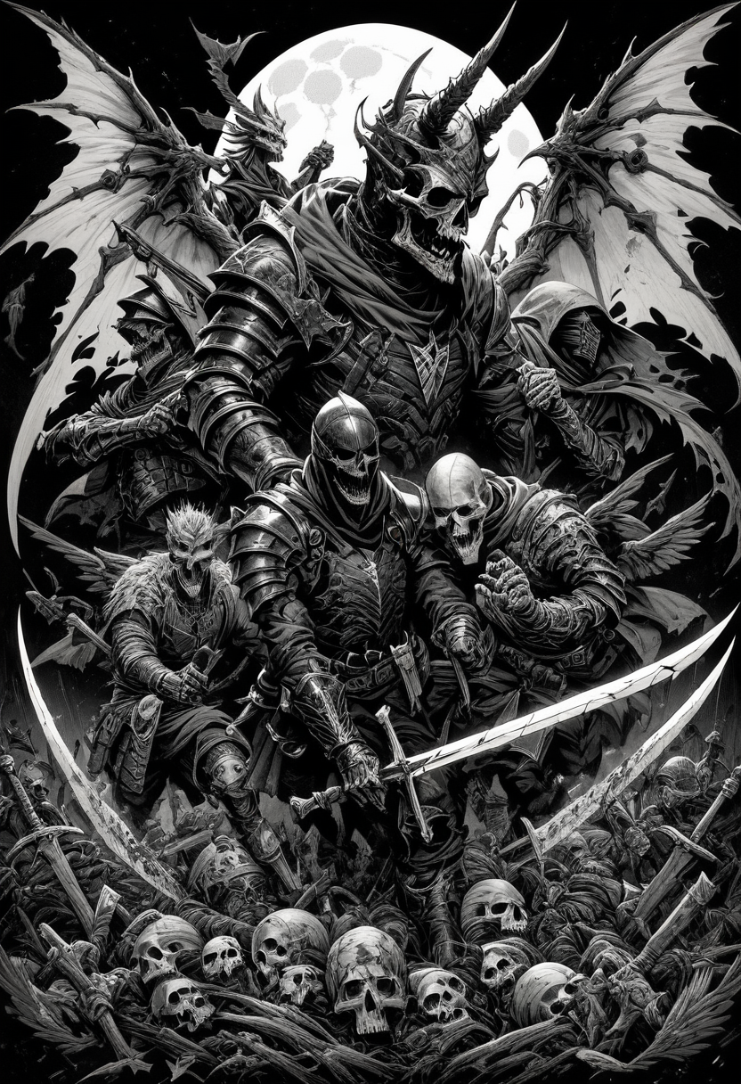 (score_9, score_8_up), score_7_up, zPDXL, looking at viewer, holding, weapon, multiple boys, wings, sword, hood, holding weapon, armor, holding sword, moon, helmet, hood up, 6+boys, demon wings, skull, scythe, multiple others, skeleton, full armor, 6+others, undead, monochrome, greyscale <lora:GRIM_v1:0.9>