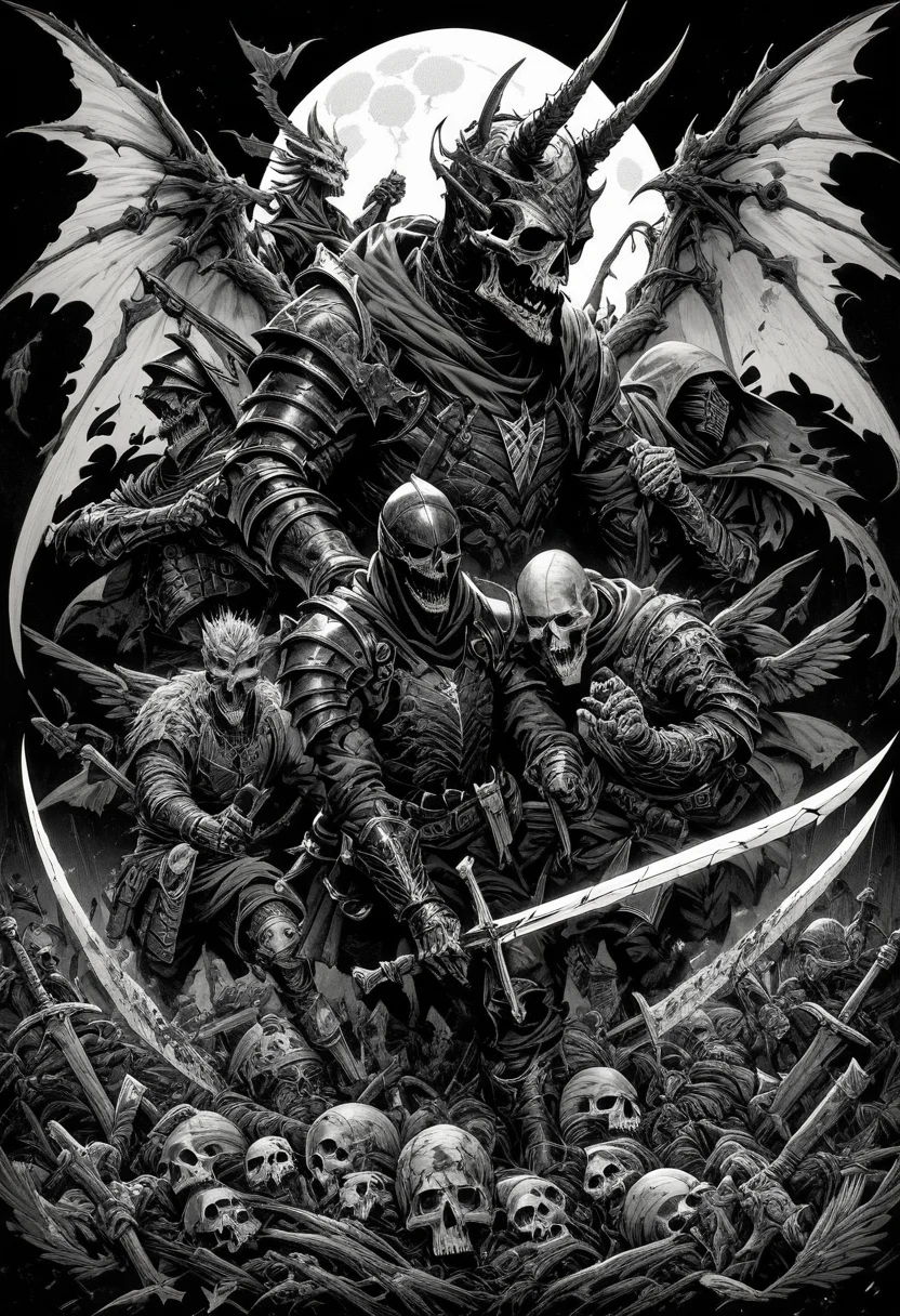(score_9, score_8_up), score_7_up, zPDXL, looking at viewer, holding, weapon, multiple boys, wings, sword, hood, holding weapon, armor, holding sword, moon, helmet, hood up, 6+boys, demon wings, skull, scythe, multiple others, skeleton, full armor, 6+others, undead, monochrome, greyscale <lora:GRIM_v1:0.9>