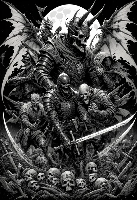 (score_9, score_8_up), score_7_up, zPDXL, looking at viewer, holding, weapon, multiple boys, wings, sword, hood, holding weapon, armor, holding sword, moon, helmet, hood up, 6+boys, demon wings, skull, scythe, multiple others, skeleton, full armor, 6+others, undead, monochrome, greyscale <lora:GRIM_v1:0.9>