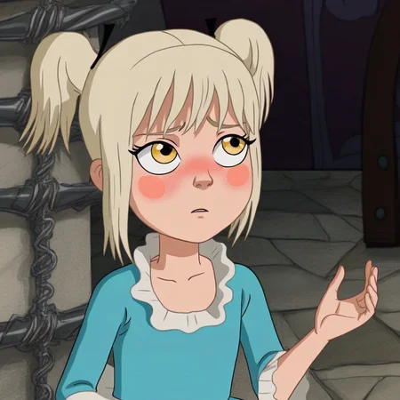 margo, 1girl, yellow eyes, blonde hair, short hair, blue dress, white collar, twintails, long sleeves, blunt bangs, blush, blush patches,