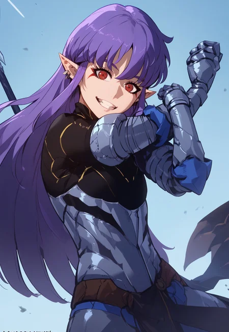 zPDXL3, score_9_up, score_8_up, score_7_up, Anime_source, 1girl, cross-body stretch, stretching, EsilRadiru, red eyes, facial mark, purple hair, long hair, pointy ears, ear piercing, body suit, armor, gauntlet, spear on back, looking at viewer, smile