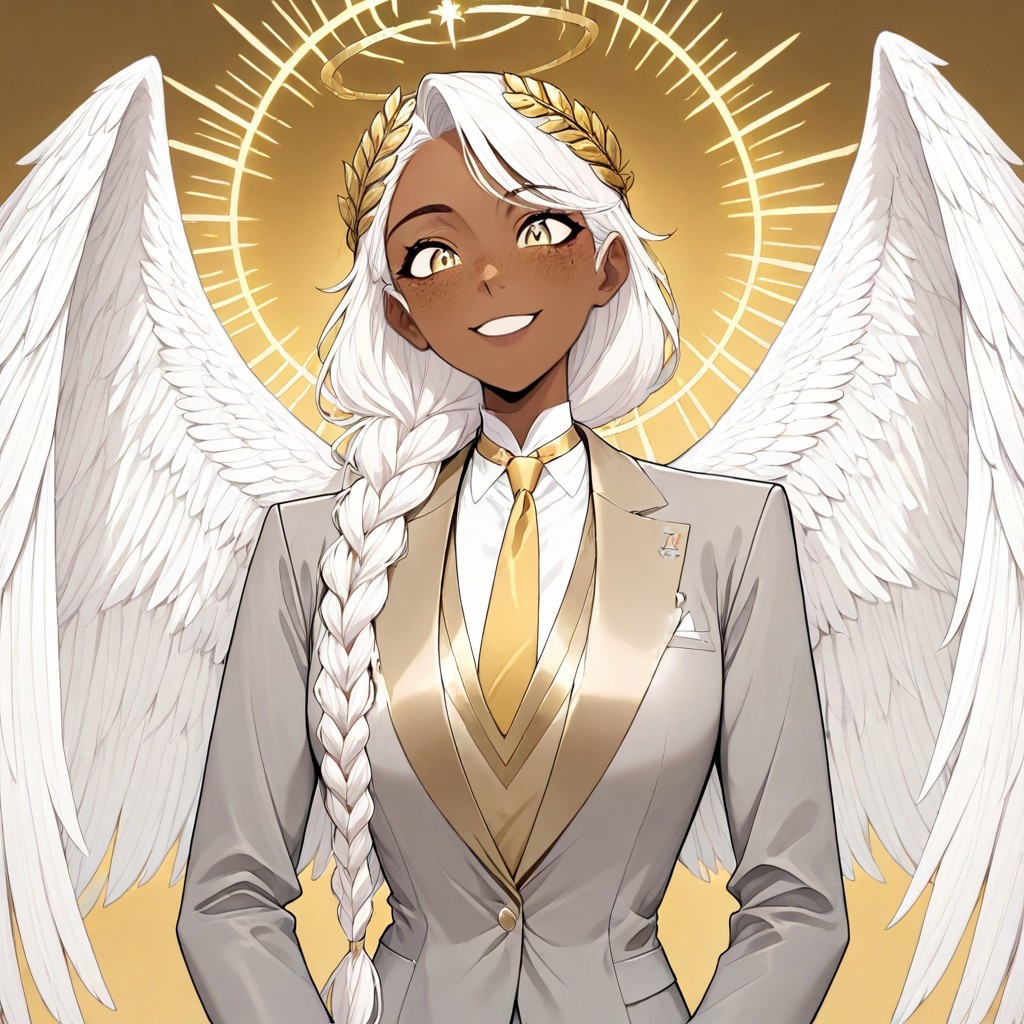 masterpiece, best quality, newest, absurdres, highres, 
DTILV1.0, Tarot, Tarot card,
GABV2.0, 1girl, dark skin, dark-skinned female, grey suit, official attire, official clothes, nectie, yellow necktie, white hair, long hair, braid, single braid, angel, angel girl, halo, wings, angel wings, golden eyes, laurel crown, freckles,