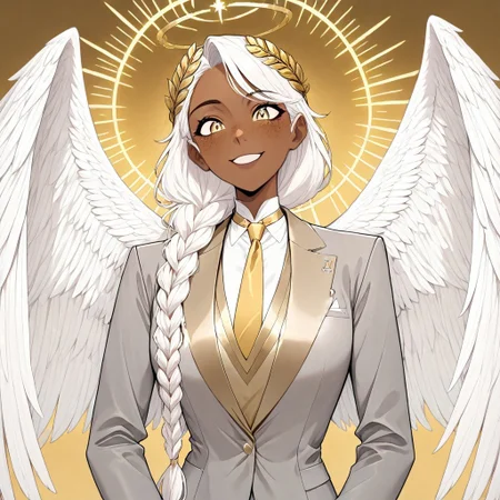 masterpiece, best quality, newest, absurdres, highres, 
DTILV1.0, Tarot, Tarot card,
GABV2.0, 1girl, dark skin, dark-skinned female, grey suit, official attire, official clothes, nectie, yellow necktie, white hair, long hair, braid, single braid, angel, angel girl, halo, wings, angel wings, golden eyes, laurel crown, freckles,