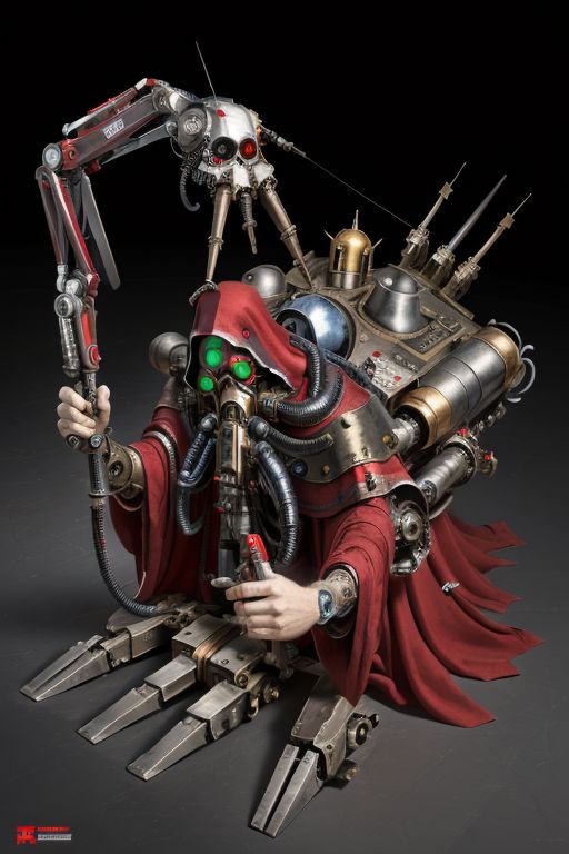 ((masterpiece,best quality)), absurdres, mechanical arms, robes, hood, ((techpriest)), cyborg, mechanical face, mechanical limbs, gas mask, mechanical tentacles, (mechanical backpack), red cloak, 1other, solo, (battlebots)