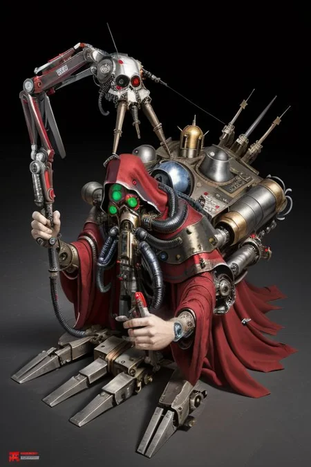 ((masterpiece,best quality)), absurdres, mechanical arms, robes, hood, ((techpriest)), cyborg, mechanical face, mechanical limbs, gas mask, mechanical tentacles, (mechanical backpack), red cloak, 1other, solo, (battlebots)