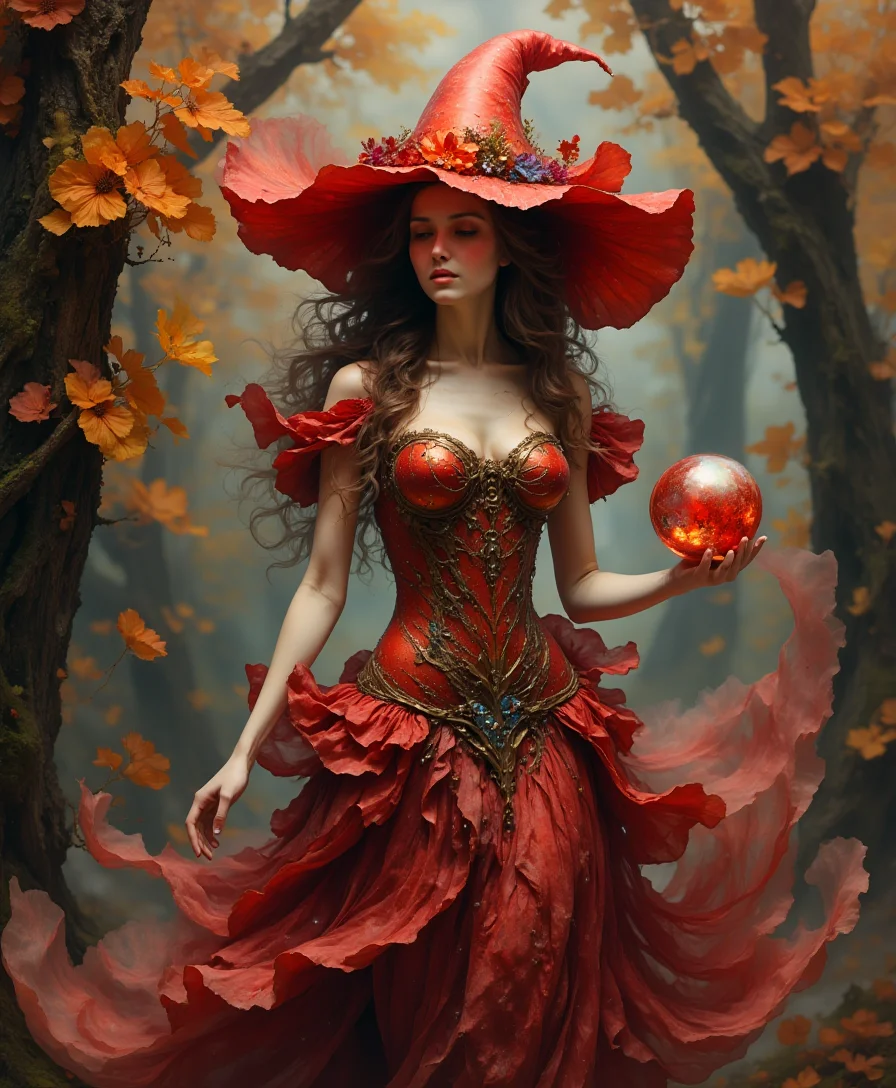 red witch with big flowery hat, sexy dress, lustfull, magical, holding a red orb filled with energy, autumn scenery