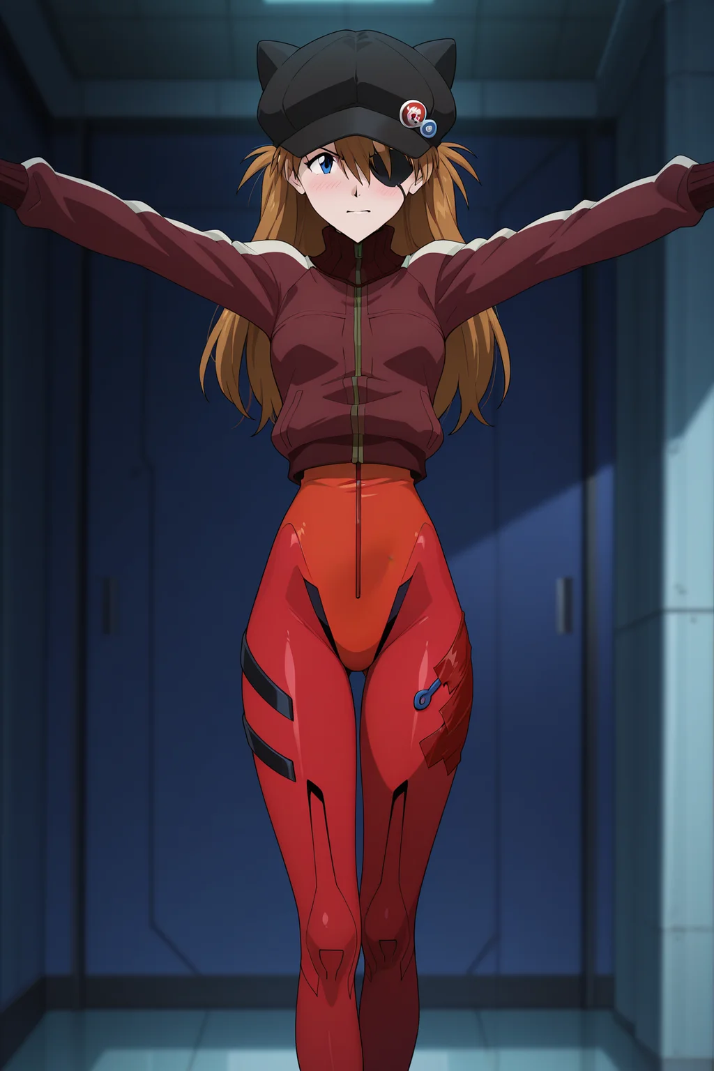 masterpiece, best quality, absurdres, highres, source anime, very aesthetic, very awa, BREAK, anime coloring, anime screencap,
<lora:asuka_rebuild_v2-illustrious:1>, 1girl, souryuu asuka langley, rebuild of evangelion, blue eyes, brown hair, interface headset,
outstretched arms, rape face,
BREAK, looking at viewer, blush, narrow waist,
BREAK, jacket over plugsuit, track jacket, red bodysuit under clothes, cat hat, cabbie hat, hat ornament, button badge, skull print, eyepatch,