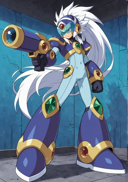 masterpiece,best quality,amazing quality, XOVER, male focus, toned male, narrow waist, muscular, violet armor, helmet, emerald jewel, light blue bodysuit, white hair, long hair, ponytail, big hair, full body, looking at viewer, scowl, blue metal wall, (translucent visor, blue visor), standing pose, arm cannon, aiming, straight on, (mega man x:0.5)