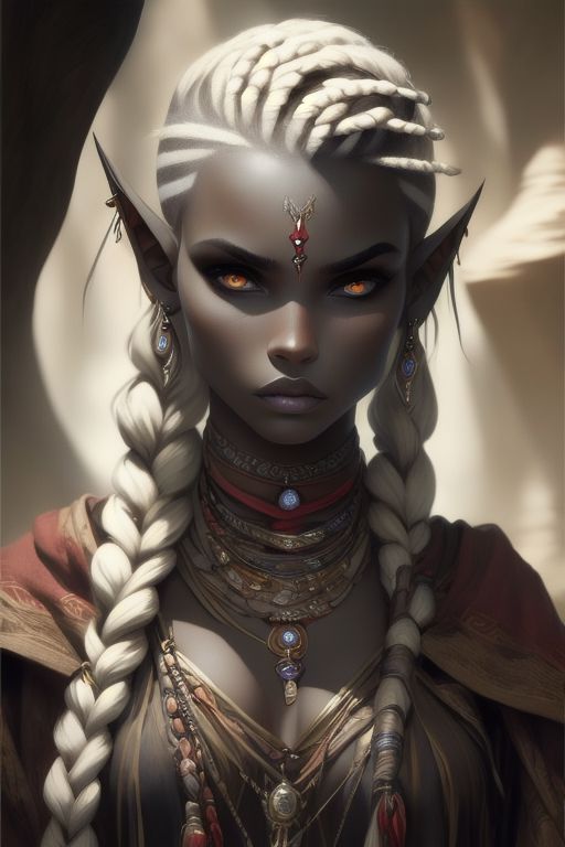 (masterpiece), best quality, expressive eyes, perfect face, hair in a braid, long hair, pointed ears, drow, cave man clothing, clothes from animal skin