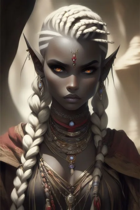 (masterpiece), best quality, expressive eyes, perfect face, hair in a braid, long hair, pointed ears, drow, cave man clothing, clothes from animal skin