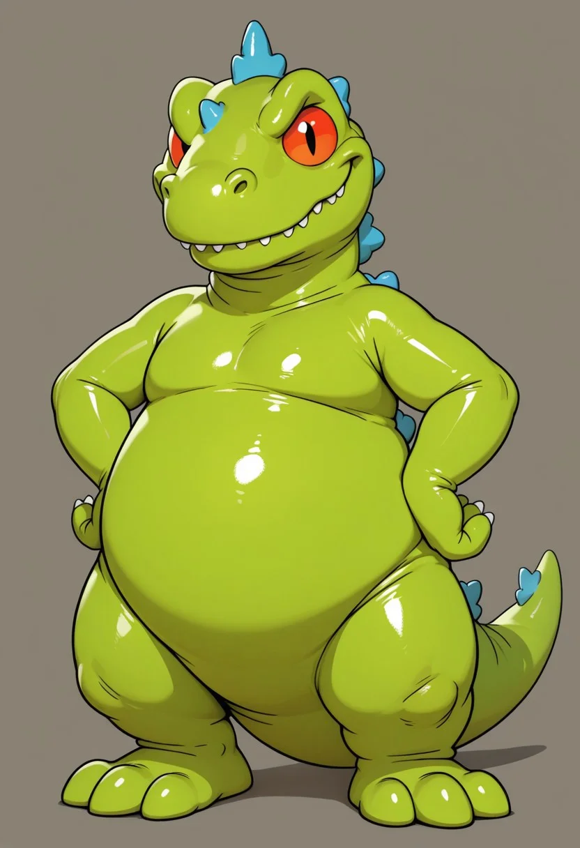 1boy, solo, Reptar, dinosaur, green body, blue spines, red sclera, three fingers, three toes, thick legs, bottom heavy, chubby, semi-anthro, tail, big eyes, expressive eyes, toony eyes, smiling, looking at viewer, fat, smooth shiny body, standing, posing, hands on hips, simple background, high quality, detailed, digital art, masterpiece, amazing shading, wacky, silly, western animation style