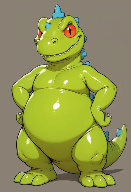 1boy, solo, Reptar, dinosaur, green body, blue spines, red sclera, three fingers, three toes, thick legs, bottom heavy, chubby, semi-anthro, tail, big eyes, expressive eyes, toony eyes, smiling, looking at viewer, fat, smooth shiny body, standing, posing, hands on hips,  simple background, high quality, detailed, digital art, masterpiece, amazing shading, wacky, silly,  western animation style