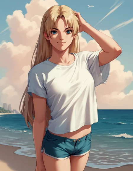 score_9,  score_8_up, score_7_up <lora:sharon-ponyxl-000011:1> wwsharon, taut shirt, short shorts,
1girl, solo, beach, light smile