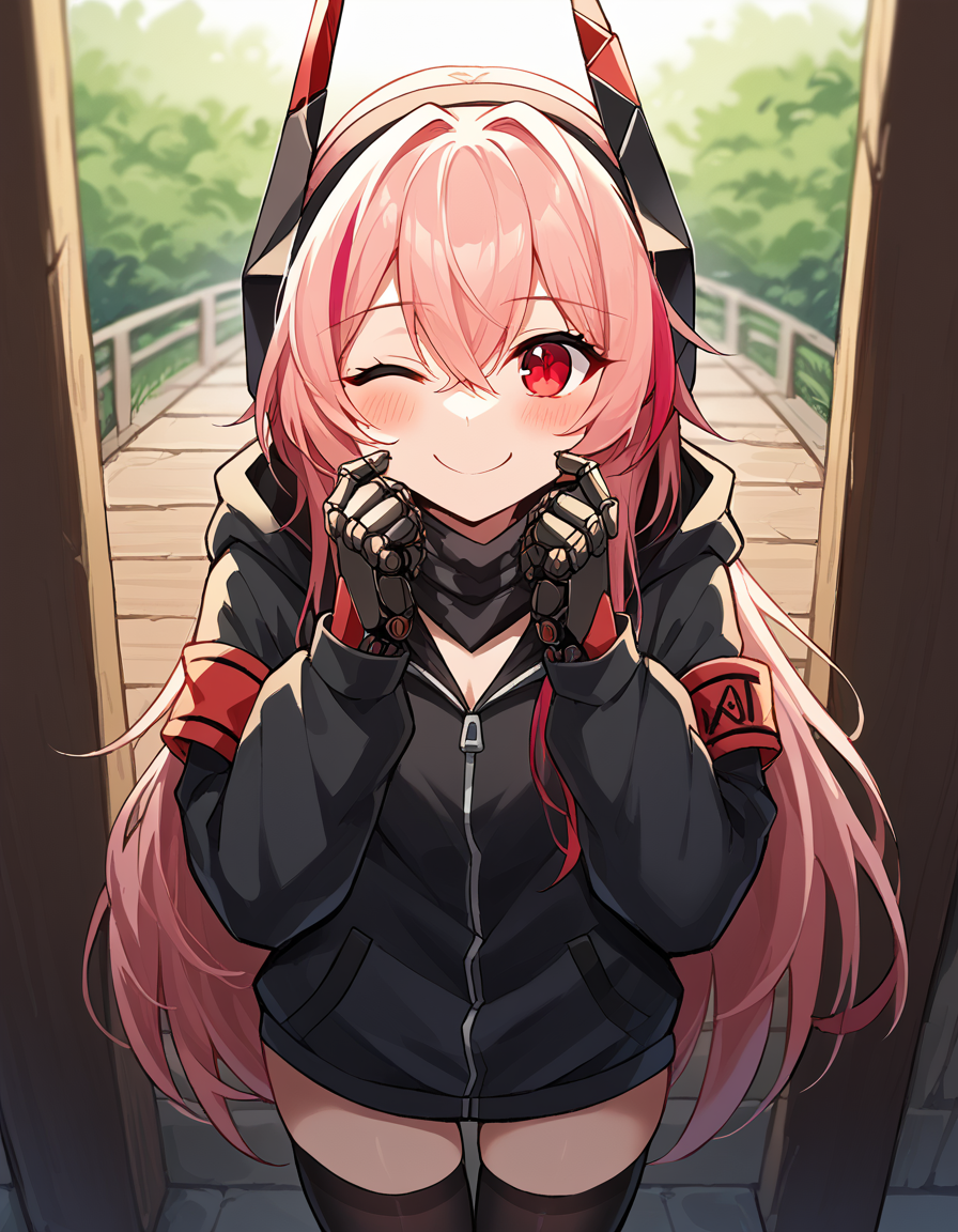 score_9, score_8_up, score_7_up, source_anime, <lora:girlsfrontline-m4-sopmod-ii-ponyxl-lora-nochekaiser:1>, m4 sopmod ii, hair between eyes, red eyes, pink hair, streaked hair, red hair, sidelocks, long hair, multicolored hair, two-tone hair,, armband, black gloves, black jacket, black scarf, black thighhighs, gloves, hair ornament, headgear, headphones, holster, hood, hooded jacket, jacket, mechanical hands, red armband, scarf, thighhighs, track jacket,, rope bridge, wood, rope, suspension, height, smile, <lora:guided-hand-on-cheek-ponyxl-lora-nochekaiser:1>, guided hand on cheek, hand grab, hand on another's cheek, hand on another's face, looking at viewer, pov, pov hands, smile, blush, one eye closed, caress, caressing cheek, looking at viewer, solo,, dutch angle, cowboy shot
