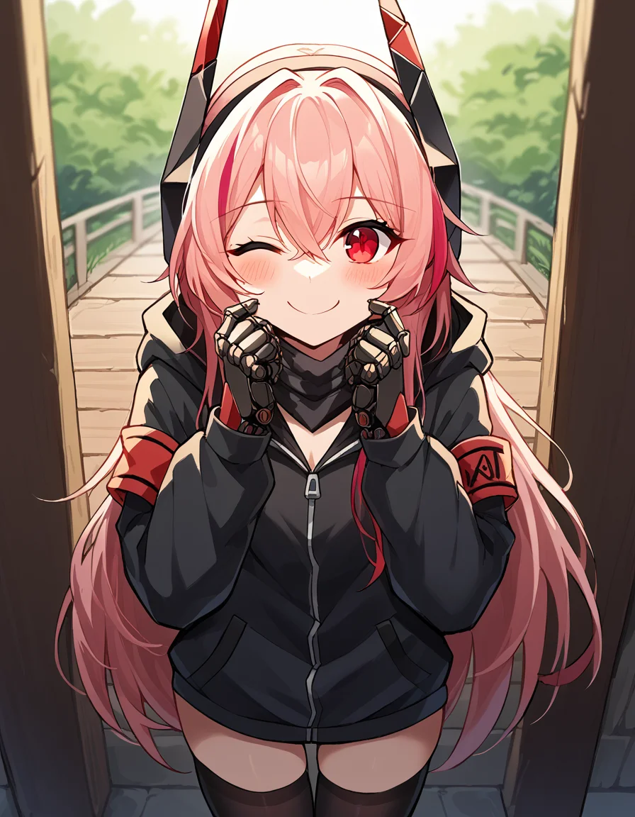 score_9, score_8_up, score_7_up, source_anime, <lora:girlsfrontline-m4-sopmod-ii-ponyxl-lora-nochekaiser:1>, m4 sopmod ii, hair between eyes, red eyes, pink hair, streaked hair, red hair, sidelocks, long hair, multicolored hair, two-tone hair,, armband, black gloves, black jacket, black scarf, black thighhighs, gloves, hair ornament, headgear, headphones, holster, hood, hooded jacket, jacket, mechanical hands, red armband, scarf, thighhighs, track jacket,, rope bridge, wood, rope, suspension, height, smile, <lora:guided-hand-on-cheek-ponyxl-lora-nochekaiser:1>, guided hand on cheek, hand grab, hand on another's cheek, hand on another's face, looking at viewer, pov, pov hands, smile, blush, one eye closed, caress, caressing cheek, looking at viewer, solo,, dutch angle, cowboy shot