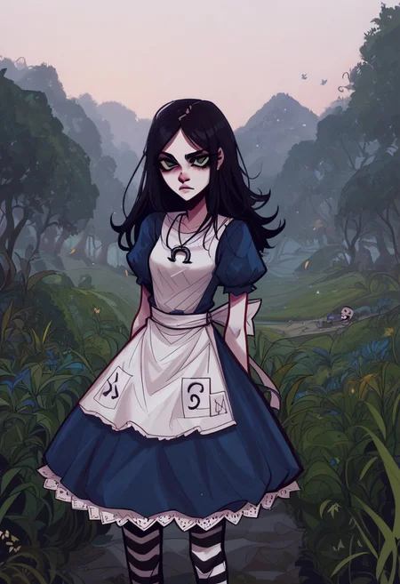 score_9, score_8_up, score_7_up, score_6_up, KWNTN, mcgeealice, 1girl, blue dress, puffy short sleeves, white apron, striped pantyhose, necklace, outdoor, twisted wonderland, dark atmoshpere, standing, face close up