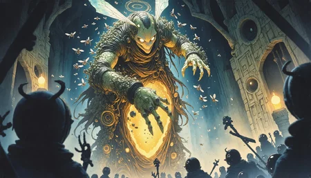 "A nightmarish humanoid figure composed of thousands of writhing wasps, their iridescent wings shimmering faintly under flickering torchlight, stands menacingly in a cavernous chamber rendered in the grotesque detail of Guillermo del Toro’s Pan's Labyrinth. The creature’s torso dissolves into swirling insects that coalesce around a pulsating beehive at its core, dripping golden honey mixed with dark ichor, while a halo of agitated hornets orbits its head like a macabre crown. The camera angle is low and tight, emphasizing the jagged stone walls etched with primal runes crawling with glowing bioluminescent moss, their eerie green hues clashing against the warm, uneven torchlight that casts long, trembling shadows across the chamber floor littered with broken bones and discarded husks of insect nests. In the blurred background, skeletal remains draped in tattered robes kneel as if in worship, while the foreground sharpens on a single wasp clinging to the figure’s claw-like hand, its segmented body glistening with venomous menace against the oppressive hum of unseen wings."