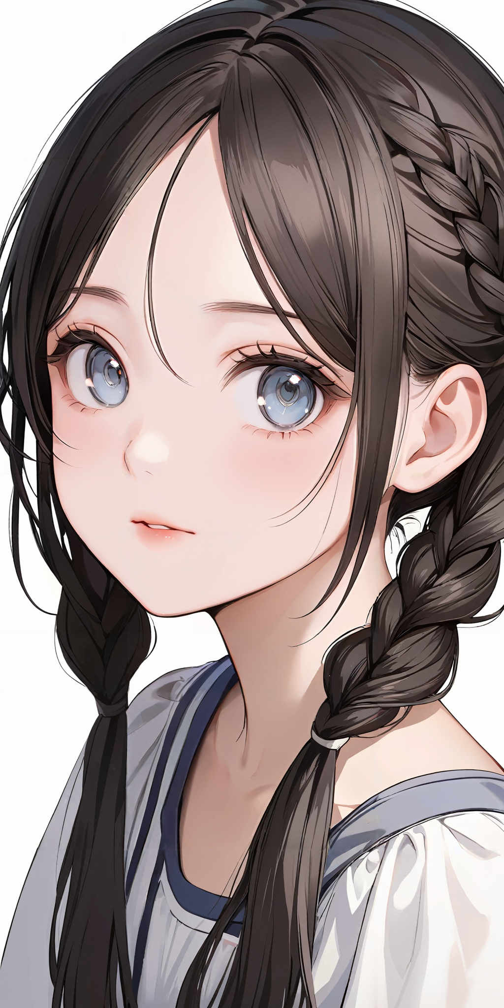 masterpiece,ultra-detailed,best quality,8K,illustration,cute face,clean skin ,shiny hair,girl,ultra-detailed-eyes,simple background, <lora:add-detail-xl:1> <lora:braid twintail_XL_V1.0:0.8> braid twintail