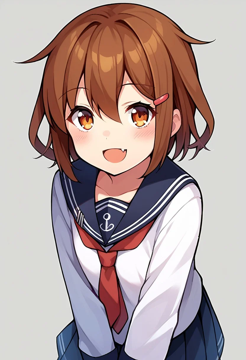 score_9, score_8, score_7, source_anime, ikazuchi (kancolle), hairclip, 1girl, solo, looking at viewer, fang, blush, smile, open mouth, school uniform