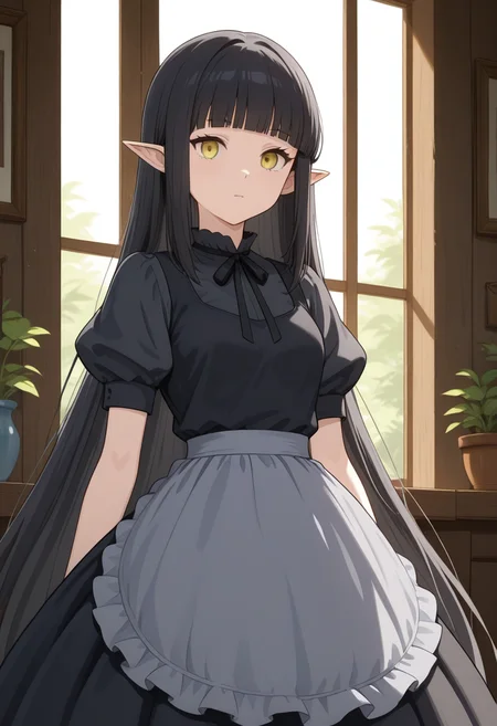 best quality, 1girl, krbl, pointy ears, very long hair, blunt bangs, black shirt, puffy sleeves, short sleeves, black dress, black neck ribbon, waist apron, <lora:krbl_s_il_1.1:1>