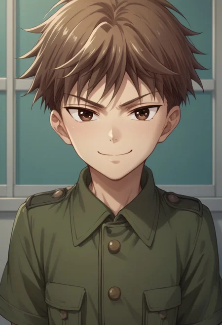 score_9, score_8_up, score_7_up, source_anime, highly detailed,
hirosohma, 1boy, male focus, brown hair, solo, brown eyes, green shorts, military, military uniform, upper body, looking at viewer, smile, smirk
indoor, windows