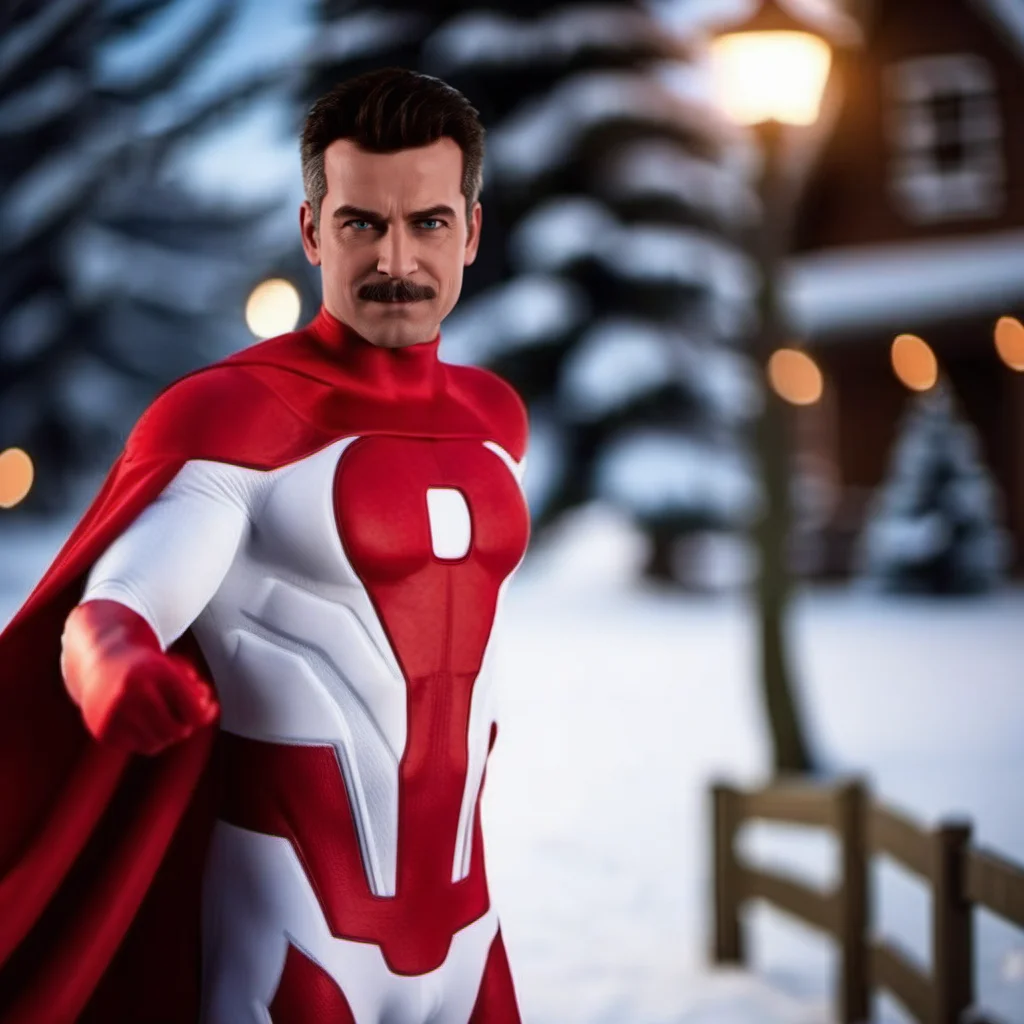 Omniman1024, a man dressed as a superhero with a red cape, portrait, snow, Santa's sleigh, christmas lights, christmas tree, christmas senery, gifts, smile, detailed eyes, highly detailed, photography, ultra sharp, film, bokeh, professional, 4k    <lora:Omniman1024:0.8> <lora:add-detail-xl:2>