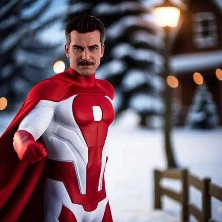 Omniman1024, a man dressed as a superhero with a red cape, portrait, snow, Santa's sleigh, christmas lights, christmas tree, christmas senery, gifts, smile, detailed eyes, highly detailed, photography, ultra sharp, film, bokeh, professional, 4k <lora:Omniman1024:0.8> <lora:add-detail-xl:2>