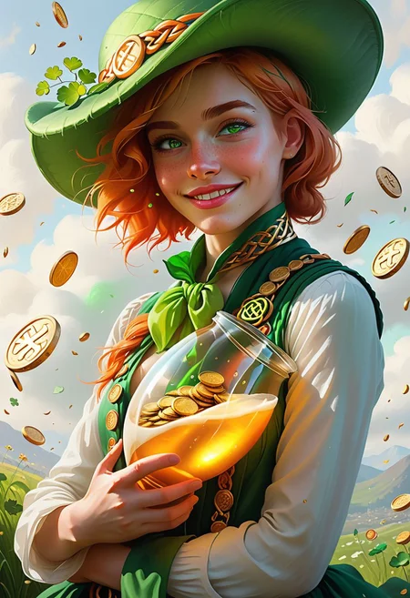 Front 3/4 view cinematic portrait IRELAND themed Picture illustration of a
hilariously happy androgynous 25yo woman happily hugging a
massive, translucent, multicolor, human-sized leprechaun-shaped thing.
The woman is looking straight to the viewer with charming eyesight, and sensually parted lips.
The lips are ireland themed.
Celtic symbols, golden coins, quarterfoils and St. Patrick's Day elements are scattered all around.
Green cannons shoot golden coins and other celtic things in the air.
Many details everywhere. Ray-Tracing. Anti-Aliasing. Realistic reflections. Realistic soft shadows. Ironic.
Spiritual.
Partially introspective.
Uplifting.
Slightly desaturated colors.
Visible paint strokes.
Insane quality. Insane resolution. Insane details. Masterpiece.
By Caravaggio.
16k resolution