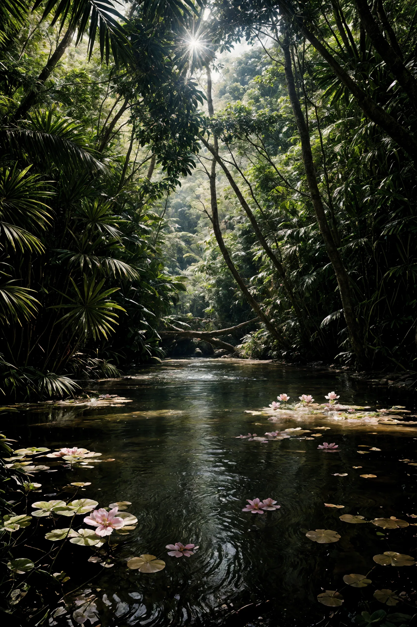 photo , photography, Fujifilm XT3 Viltrox, ((very detailed)), sharp focus,  best quality, (bright sunny sky), beautiful landscape, rainforest, jungle, stream, water ripples reflections, (small river pond), hut, stunning nature environment, high contrast, cinematic (lights), backlight, shadows, (lens flare:0.8), vibrant colors, colorful, Passion Pink flowers and leaves, <lora:Detail Tweaker LoRA add_detail:1><lora:depth_of_field_slider_v1:5>  <lora:SDXLrender_v2.0:0.9>