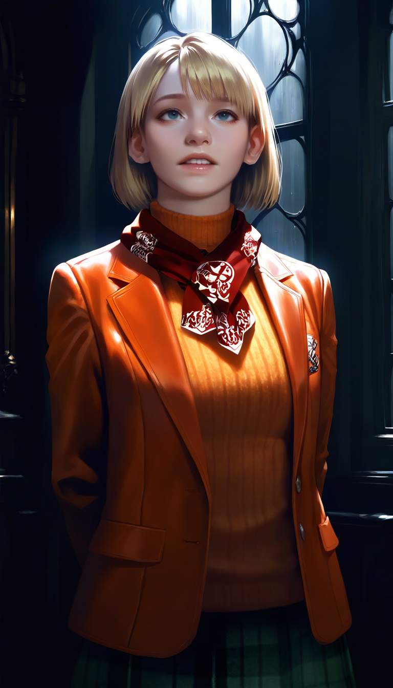 masterpiece,best quality,amazing quality,
<lora:ashleygrahamNAI:1>,ashleygraham,realistic,
1girl,solo,blonde hair,bob cut,bangs,blue eyes,orange blazer,thin orange turtleneck underneath,neckerchief,green plaid skirt,upper body,looking ahead,parted lips,arms behind back,indoors,vintage indoors,window,dark,vignetting,