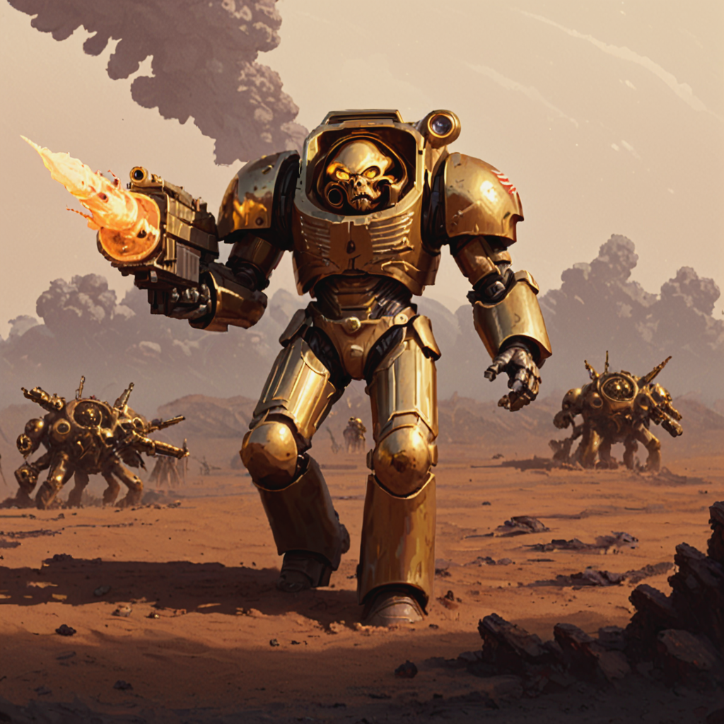 a polished gold trmntr with no helmet holding an assault cannon walks across an alien battlefield searching for enemies, rockets streak across the sky and explode into the landscape, apxlz