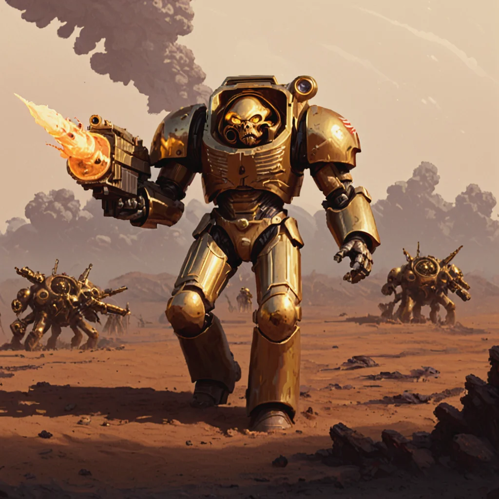 a polished gold trmntr with no helmet holding an assault cannon walks across an alien battlefield searching for enemies, rockets streak across the sky and explode into the landscape, apxlz