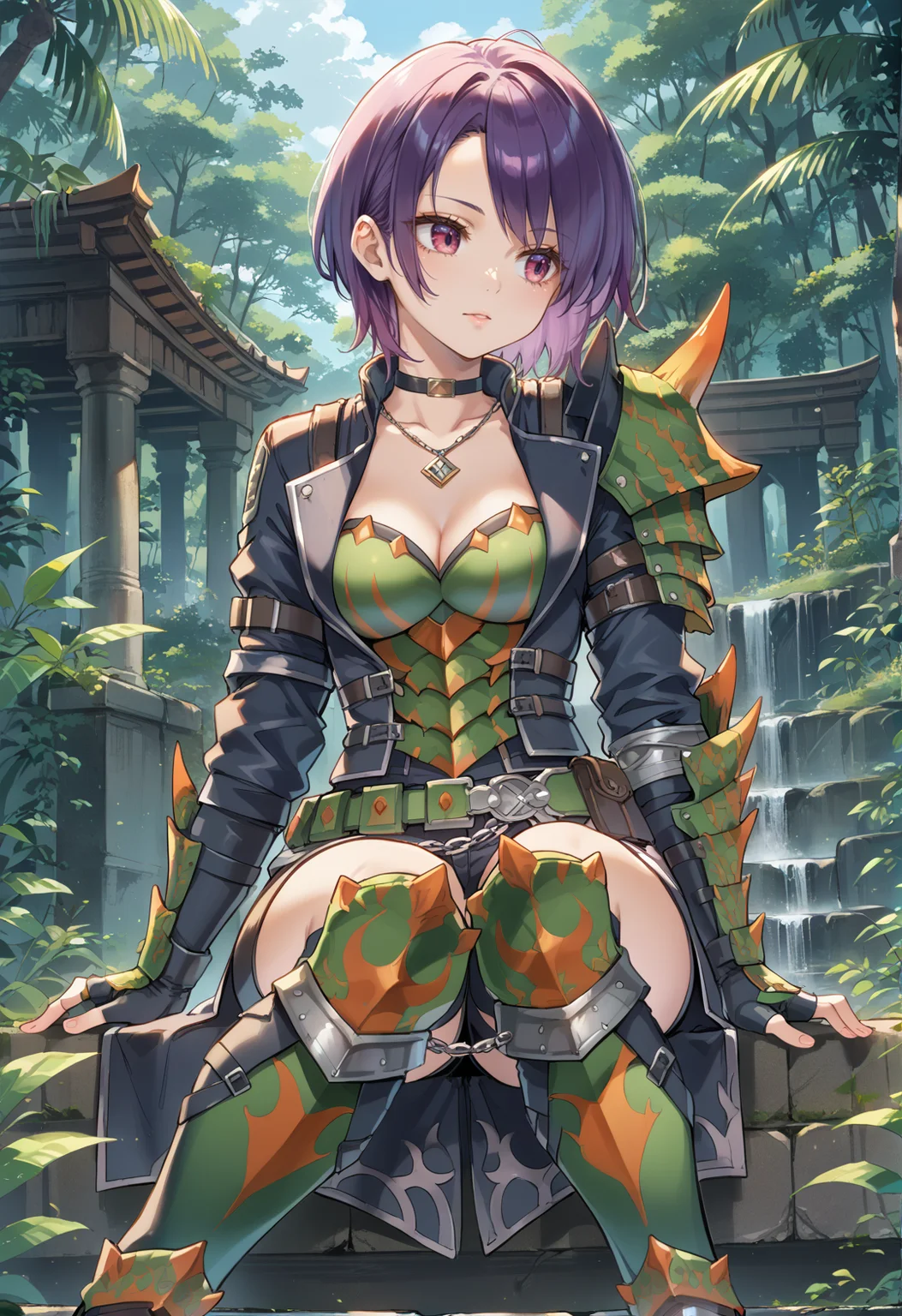 (score_9:0.9),score_8_up,score_7_up,rating_safe,anime style,(zPDXL),<lora:Espinas armor ponyXL v1.2:0.7>,sitting, short hair, cleavage, green gauntlets, solo, green knee boots, purple hair, purple eyes, medium breasts, pink eyes, blurry, red eyes, looking to the side, outdoors, espinas armor, green breast armor, green pauldron, black shorts