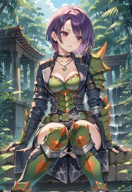 (score_9:0.9),score_8_up,score_7_up,rating_safe,anime style,(zPDXL),<lora:Espinas armor ponyXL v1.2:0.7>,sitting, short hair, cleavage, green gauntlets, solo, green knee boots, purple hair, purple eyes, medium breasts, pink eyes, blurry, red eyes, looking to the side, outdoors, espinas armor, green breast armor, green pauldron, black shorts