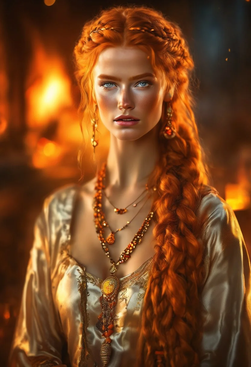 nbn-freyja, 1girl, orange hair, braid, long hair, freckles, jewelry, necklace, earrings, looking at viewer,  portrait, blurry background, realistic