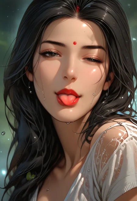 (score_9, score_8_up, score_7_up), 1 girl, portrait, savita bhabhi, black hair, face, obscured, water droplets, mist, black lips, muted tones, gaze, upwards, winking, tongue out