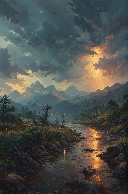 An abstract interpretation of a thunderstorm, with jagged bolts of lightning streaking across a tumultuous sky and torrents of rain lashing down upon a windswept landscape. The scene is charged with tension and energy, capturing the raw power of nature in motion. (masterpiece, award winning artwork)
many details, extreme detailed, full of details,
Wide range of colors, high Dynamic
<lora:EldritchMixIllustration_1.0:1.0>
<lora:add-detail-xl:0.89>
<lora:xl_more_art-full_v1:0.4>
<lora:MJ52:0.4>
