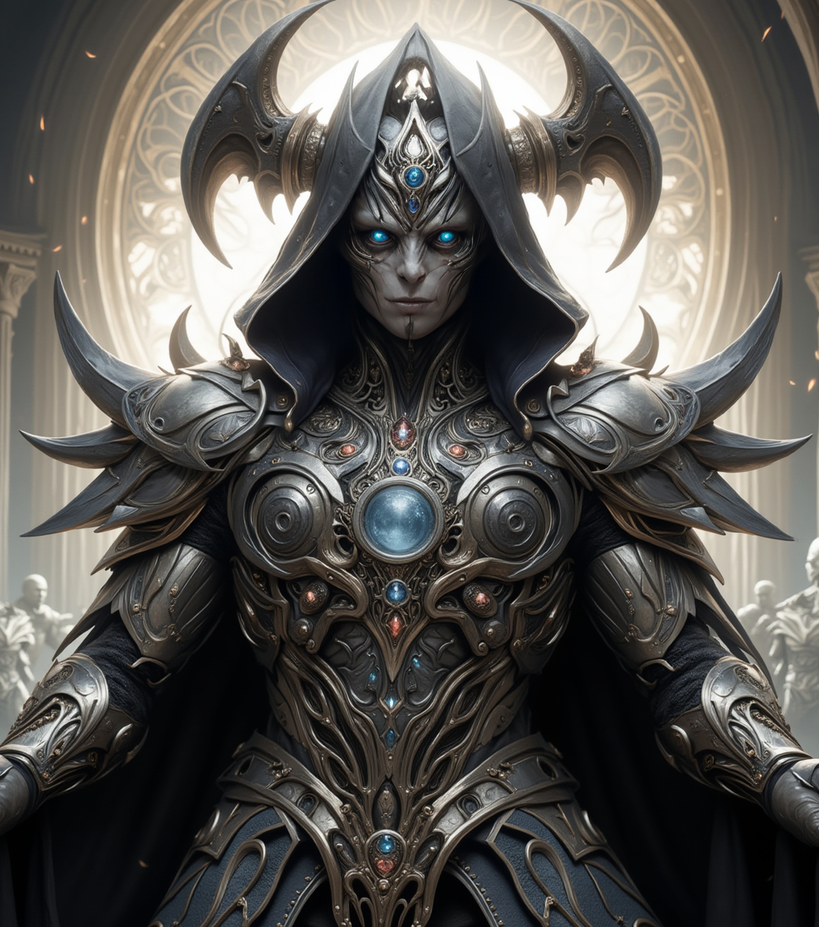 The Vadrigar, hyperdimensional creature with complex, shiny armor with intricate patterns and encrusted jewels