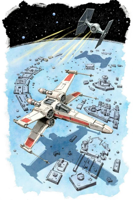 watercolor painting.
A space battle scene. The scene features a X-Wing fighter, engaged in combat against an Imperial TIE fighter. The X-Wing, is in the foreground, flying through the above the surface of an imperial base, filled with rectangular structures and defense turrets. The Imperial TIE fighter is flying directly behind the X-Wing, firing its laser guns. <lora:watercolor.comic1_cap_d6a3:1.0><lora:830618324250623551:0>