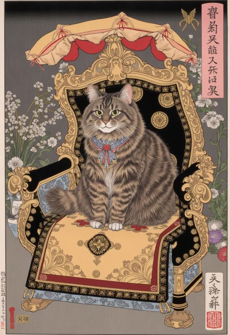 4si4n, It depicts a scene of a fluffy, medium-sized cat named Allie with a mottled coat featuring dark brown and black tabby stripes sitting on a throne in a japanese castle, dressed like a queen, poster from the series Fifty-Three Stations of the Tokaido by Utagawa Kunisada Toyokuni III/Kunisada III. epic, movement,