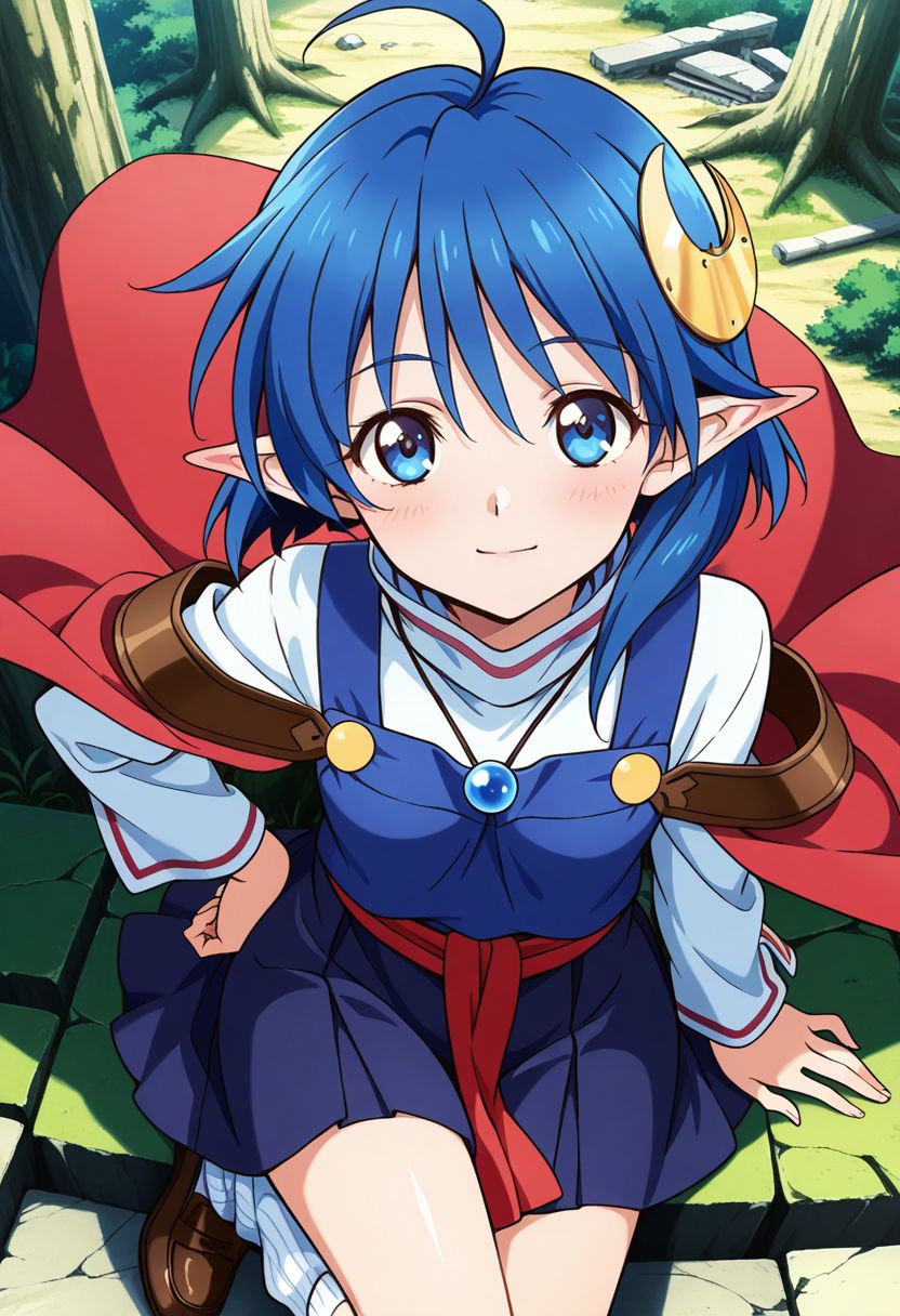 detailed eyes, beautiful, detailed background, perfect eyes,
source_anime, very aesthetic, anime coloring, masterpiece, official art,
<lora:HandFineTuning_XL:1>
BREAK,
forest, ruins, 
light smile, blush, hand on hip, full body, sitting, from above, 
BREAK,
<lora:rena_pdxl_v02:0.8>
rena lanford, short hair, blue hair, blue eyes, pointy ears, crescent hair ornament, loose socks, white shirt, skirt, white legwear, cape, red cape, ahoge, loafers, long sleeves, turtleneck,