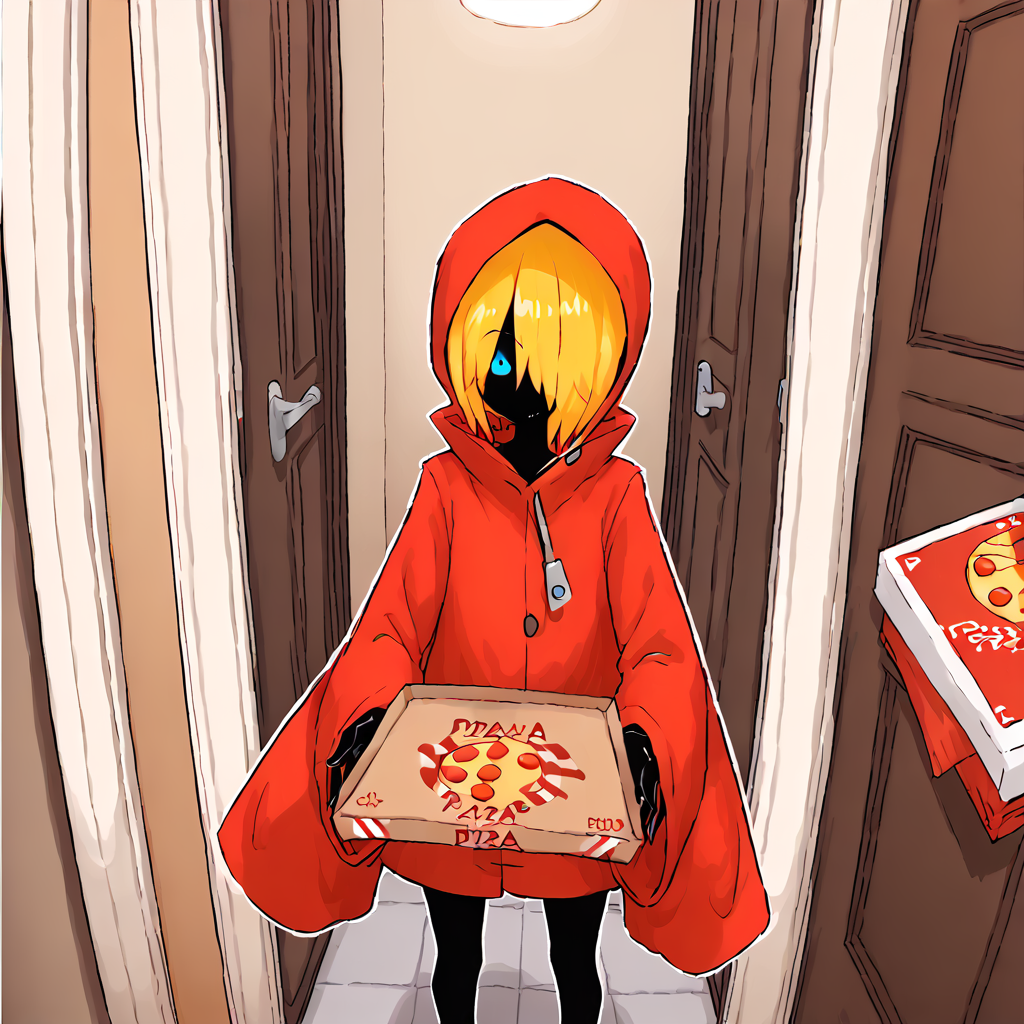 <lora:Bone_Maiden:1> bonemaiden, blonde hair, blue eyes, black skin, colored skin, hood, cloak, short hair, no mouth, hair over one eye
 <lora:GettingPizzaDeliveredPOV_pdxl_Incrs_v1:0.8> pizza box, employee uniform, pov, pizza delivery