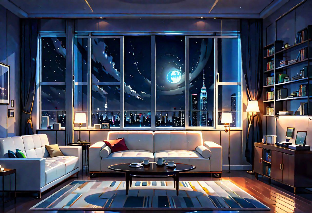 ((front view)), Shallow scene, ((animation style)), modern-style interior, with white walls, (large windows), a  study, Sofa, coffee table, bookcase, single wall, (gloomy room), Turn off ceiling lighting, Turn off the indoor lights , quiet and mysterious night sky, starry sky, moonlight, city night view, (City high-rise building scenery), (City scenery outside the window)