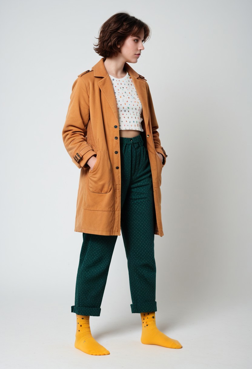 (realistic photograph of woman), 1girl, solo, simple_background, white_background, scksnsndls, patterned red and yellow socks, green trousers, orange and brown coat, short_hair, looking_away, full_body, (birksonsocks, birkenstock)