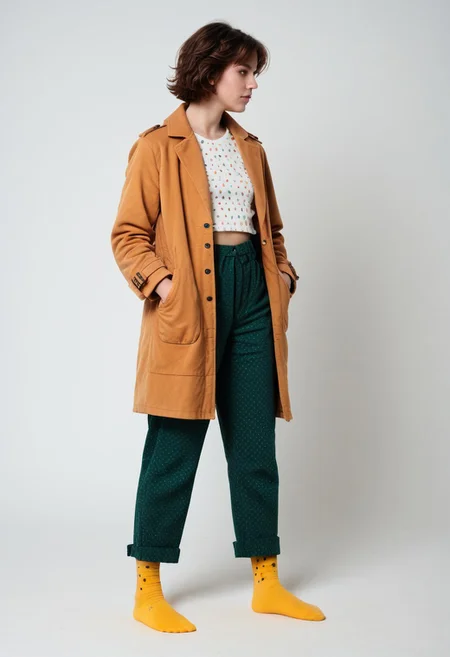 (realistic photograph of woman), 1girl, solo, simple_background, white_background, scksnsndls, patterned red and yellow socks, green trousers, orange and brown coat, short_hair, looking_away, full_body, (birksonsocks, birkenstock)