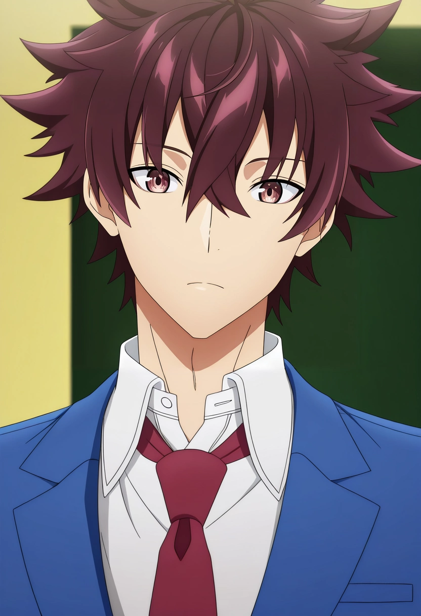 masterpiece, best quality, intricate details, anime screencap, anime coloring, official style, looking at viewer, 1boy, solo, male focus, <lora:yuuya_tenjou_ilxl:0.96>, yuuya_tenjou, brown hair, brown eyes, short hair, hair between eyes, spiked hair, bangs, white shirt, collared shirt, blue jacket, red necktie,