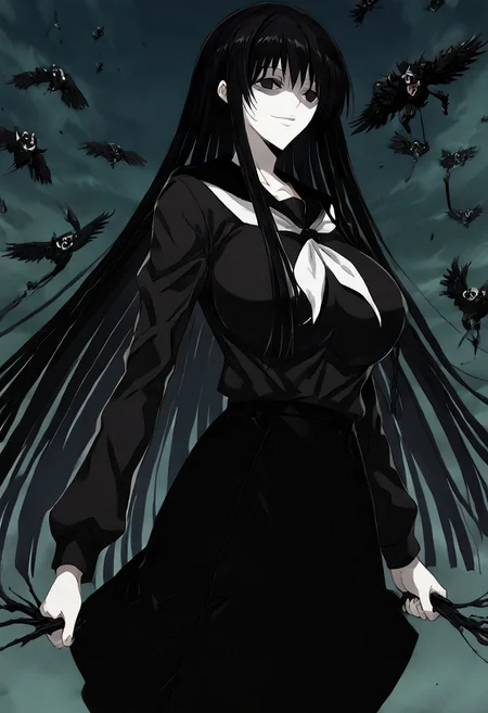 score_9, score_8_up, score_7_up, score_6_up, score_5_up, score_4_up, source_anime, 1girl, 1others, solo,
hagoromogitsune, smile, empty eyes, black hair, huge breasts, very long hair,
school uniform,black serafuku,serafuku,black shirt,black skirt,
masterpiece, best quality, very aesthetic, absurdres,