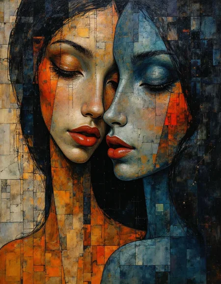 A highly detailed, digitally impressionistic painting with a modern, abstract expressionist style. The artwork features two overlapping female faces, rendered with bold, geometric lines and a mixture of warm and cool tones. The face on the left has a warm, earthy palette dominated by oranges, yellows, and reds. The face on the right has a cooler, more muted color scheme with blues, grays, and blacks. Both faces have closed eyes, giving a serene and contemplative expression. The faces are divided into segments by vertical and horizontal lines, creating a mosaic-like effect that adds depth and texture. The background is a gradient of soft, muted colors that blend seamlessly into the faces, giving a sense of unity. The texture of the painting is rough and textured, with visible brushstrokes and a slightly uneven surface, adding to the raw, emotional feel of the piece. The artist has used a mix of warm and cool colors, creating a striking contrast between the two faces and emphasizing the emotional connection between them. The overall composition is intimate and introspective, with a focus on the faces and their emotional connection rather than the surroundings.